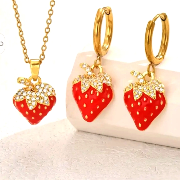 N/A Jewelry - 18K Gold Plated On S Steel Red Strawberry Jewelry Set.